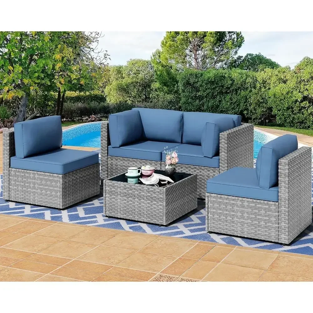 5-Piece Outdoor Patio Sectional Sofa Set in Silver Gray PE Wicker with Washable Cushions and Glass Coffee Table for Garden, Pool