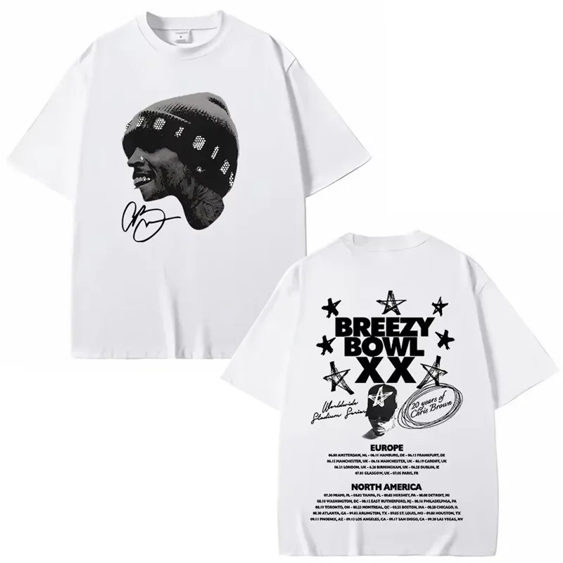 كريس براون بريزي باول XX 2025 جولة موضة الهيب هوب تي شيرت القطن طاقم الرقبة قصيرة الأكمام الديكور الخارجي المرأة