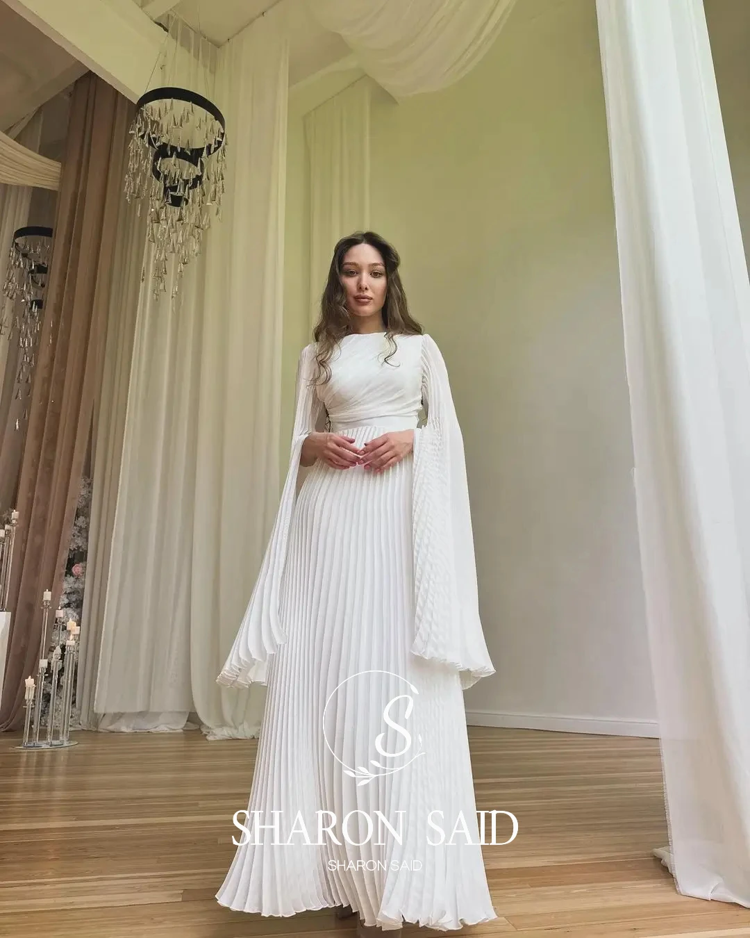 シャロンは言った-ピンクのプリーツイブニングドレス女性用,フレアスリーブ付きのカスタマイズされたドレス,結婚披露宴,プロム,ドバイ,sf070