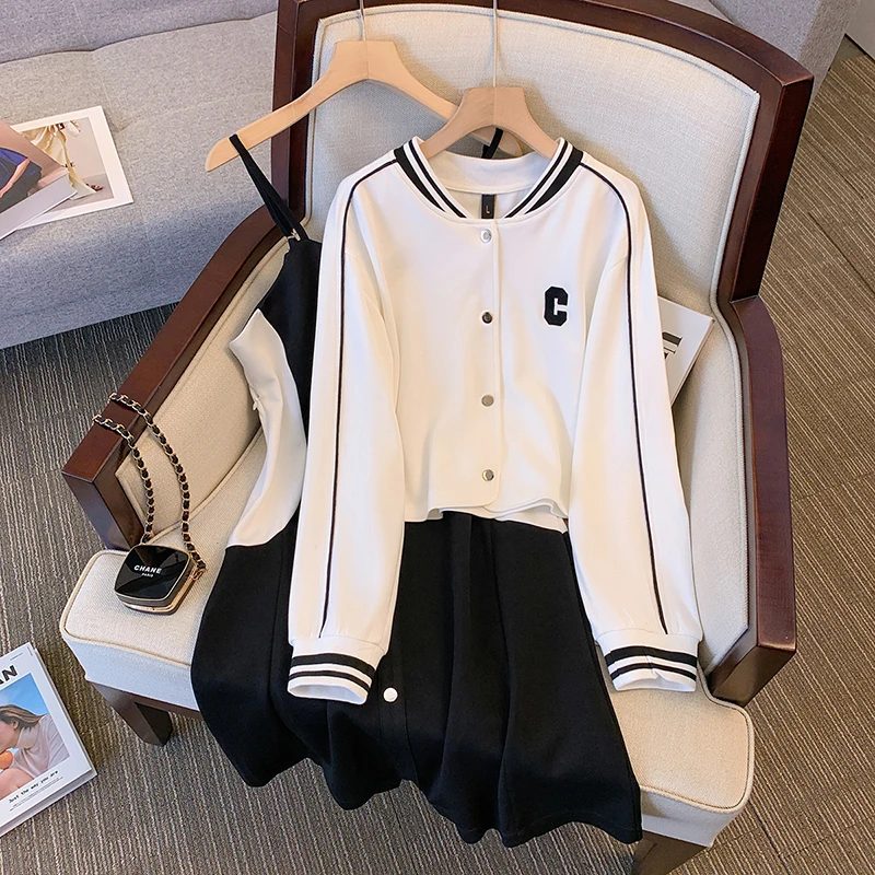 Women Gym Tracksuit Suit Baseball uniform Jacket Coat Top And Strap Black White Dress Two Pieces Set Sport Outwear Clothing