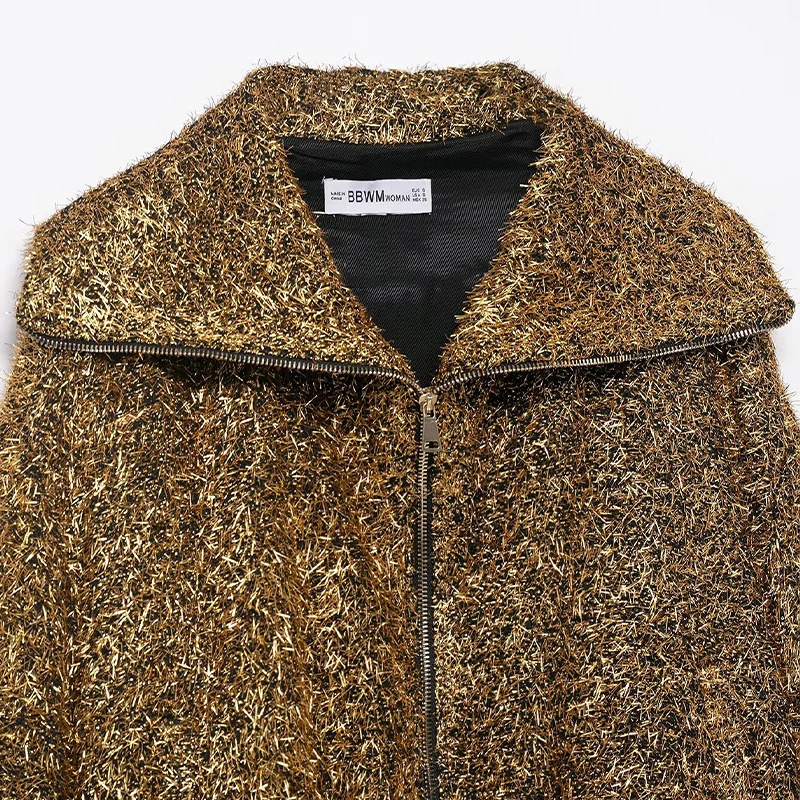 Willshela Women Fashion Golden Front Zipper Jackets Vintage Lapel Neck Long Sleeves Female Chic Lady Coats Outfits