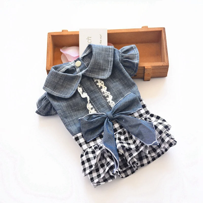 Pet Spring Summer Cowboy Clothes Dog Girls Plaid Denim Dress Small Medium Dogs Bubble Bowknot Skirt Pet Puppy Shirt Jumpsuit