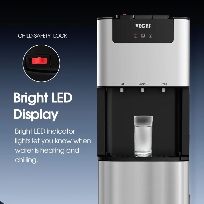 VECYS محمل سفلي 3 5 جالون موزع مياه ذاتي التنظيف، مبرد مياه ساخن وبارد مع قفل أمان للأطفال