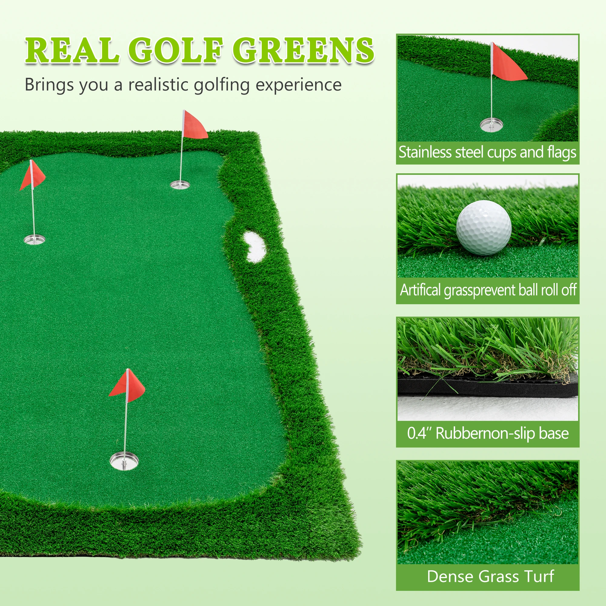 10x5 FT Golf Putting Green เสื่อฝึกซ้อมกอล์ฟพร้อมสนามหญ้าคุณภาพสูง 3 หลุม 3 ธงและถ้วยสําหรับในร่มกลางแจ้ง