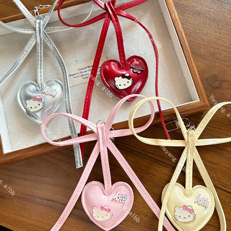 New Sanrio Hello Kitty Leather Keychain Cartoon Kitty Cat Bowknot Keychain Bag Accessories Ornament Gifts Car Keychains
