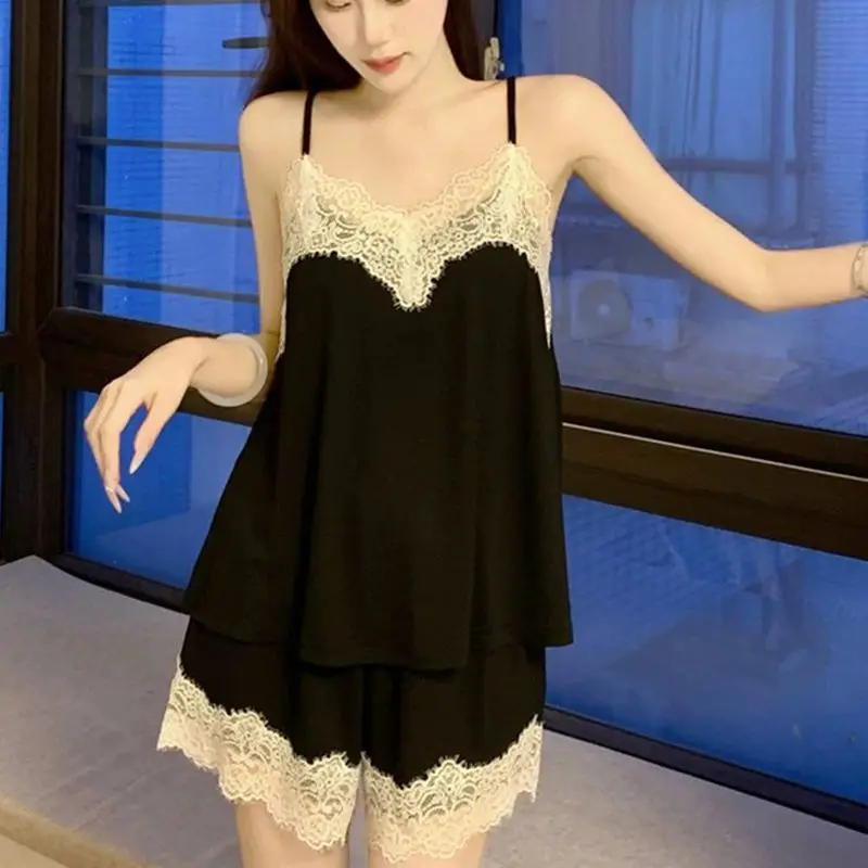 

Large Size Loose Pajama Sets Sexy Lace Backless Sling Nightgown Trousers 2-piece Set Pajamas for Women Elegant Big Nighty Wife