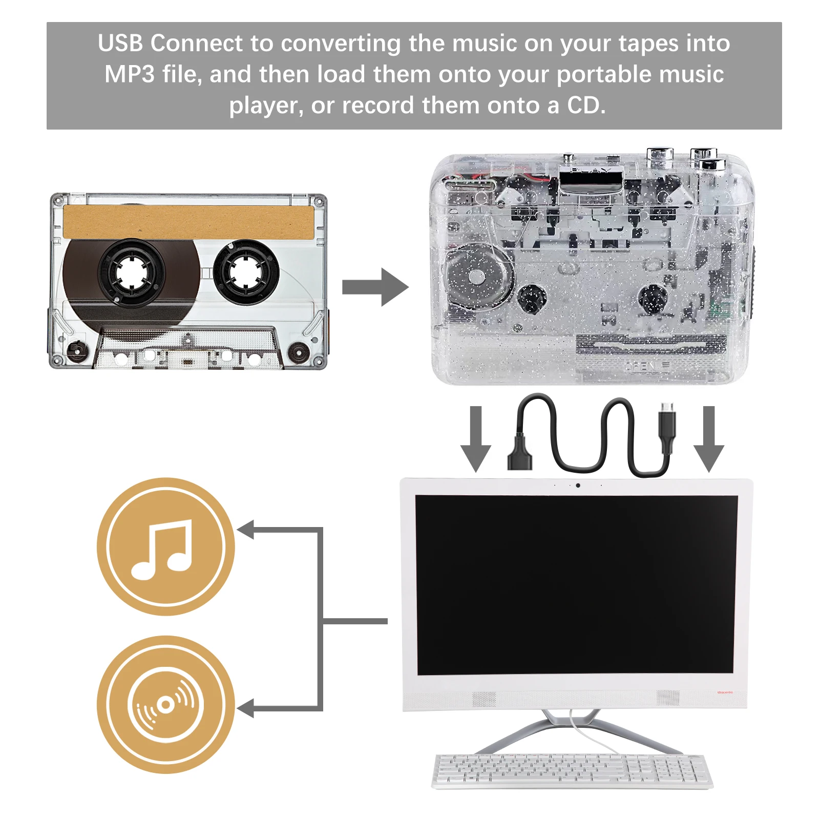 Lecteur de cassette USB portable avec port USB 2.0, cassette transparente, ensemble radio de capture