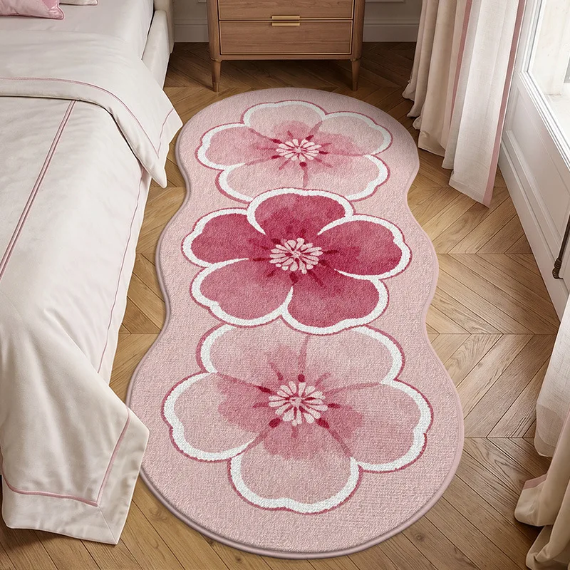 American Floral Irregular Shape Bedside Rug, Girls Princess Style Bedroom Decor Carpet, Long Floor Mat for Living Room Hallway