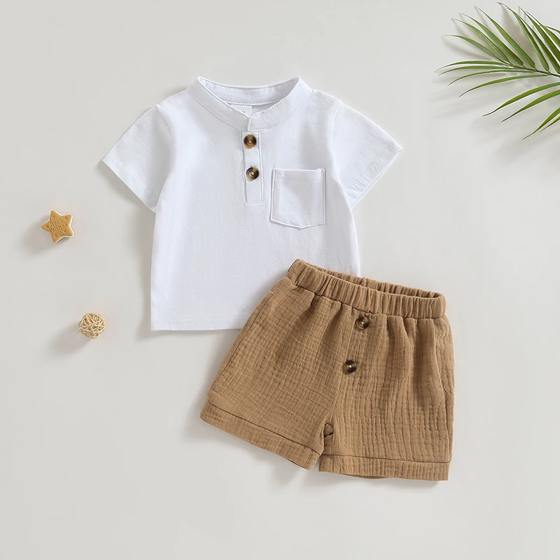 

Baby Boys Shorts Set, Short Sleeve Stand Collar T-shirt with Elastic Waist Cotton Linen Shorts Summer Outfit 3-24Months