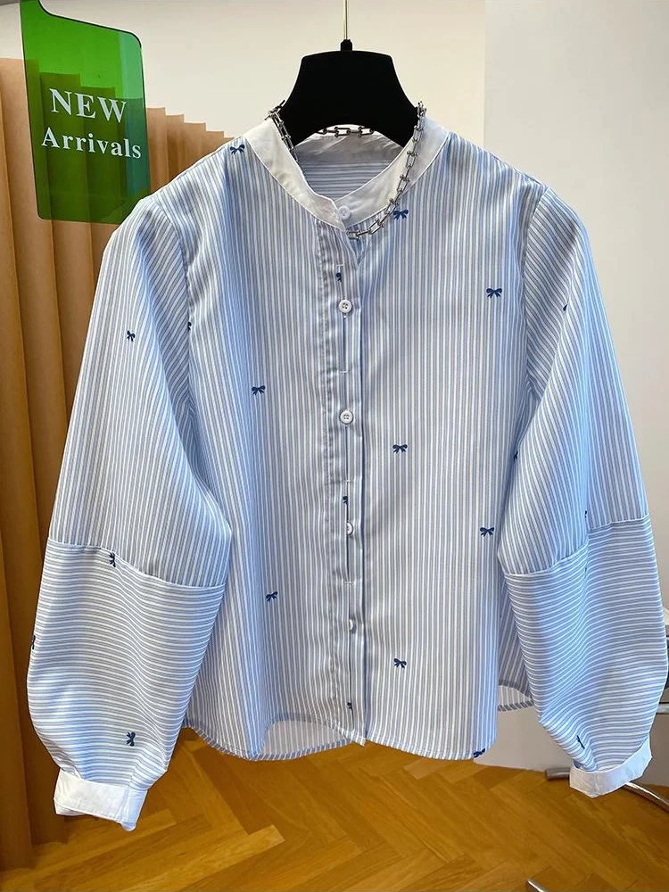 

Spring Summer Bow Embroidery O Neck Blue Striped Shirts For Women New Loose Long Sleeve Shirt Korean Fashion Casual Ladies Tops