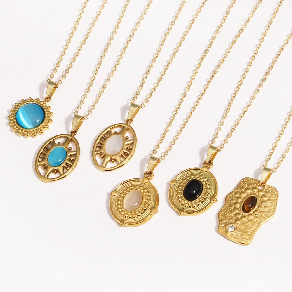 1Pc Edelstahl Natürlichen Blauen Opal Stein Anhänger Halskette Für Frauen Vintage Gold Farbe Pullover Kette Schmuck Zubehör Geschenk