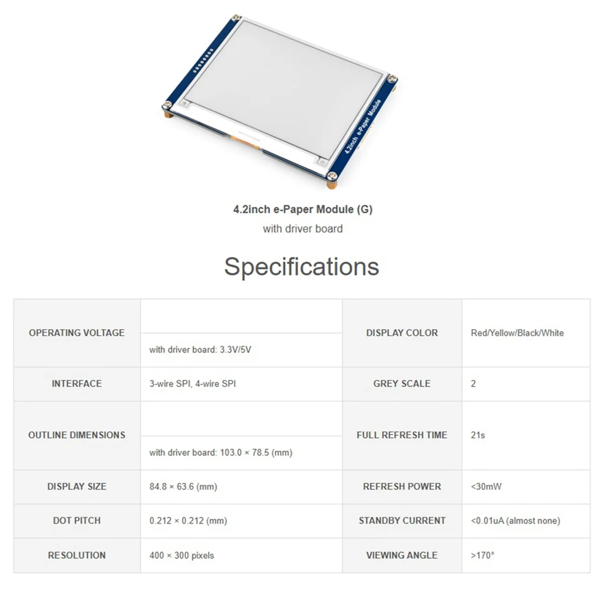 وحدة عرض الحبر الإلكتروني للورق الإلكتروني مقاس 4.2 بوصة وحدة الورق الإلكتروني مقاس 4.2 بوصة (G)، 400 × 300، أحمر / أصفر / أسود / أبيض، واجهة SPI #4