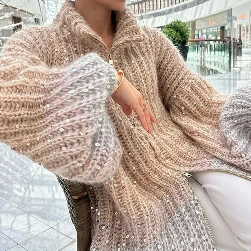 Elegant Sequin Sweater Women Fashion Lurex Long Sleeve Loose Female Zipper Knit Oversized Cardigan Autumn Streetwear Lady Coat