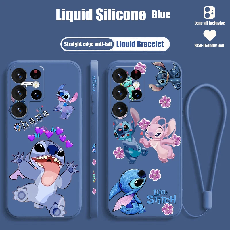 Disney Stitch Anime Cute For Samsung S24 S23 S22 S21 S20 Fe S10 Note 20 10 Ultra Lite Plus Liquid Left Rope Phone Case