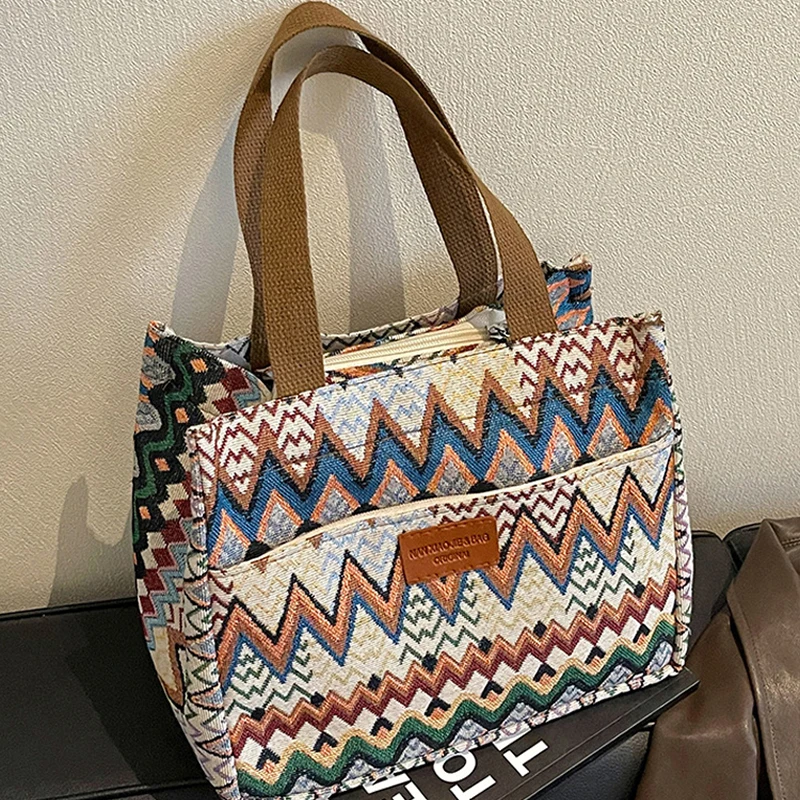 Bohemian Ethno-Stil Geometrischer Druck Canvas-Tragetasche, Bunte Zickzack-Muster Handtasche für Damen, Große Kapazität Pendler-Schultertasche – Detail 4
