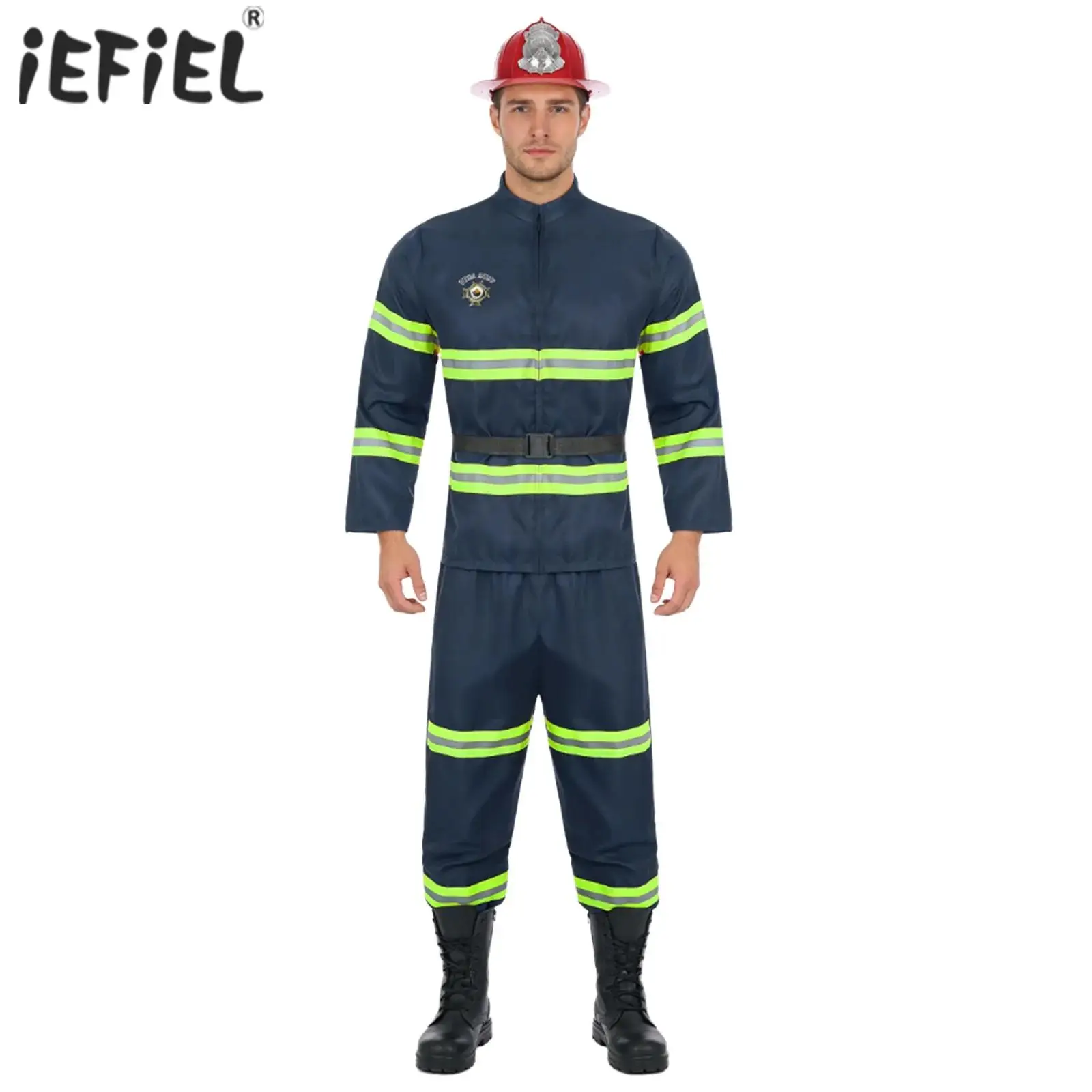 Disfraz de bombero para hombre, disfraz de Halloween, uniforme de capitán de bomberos, chaqueta, pantalones y cinturón, casco de plástico