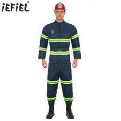 Mens Fireman Halloween Cosplay Costume Firefighter Fire Captain Uniform Firefighting Jacket Coat Pants And Belt Plastic Helmet