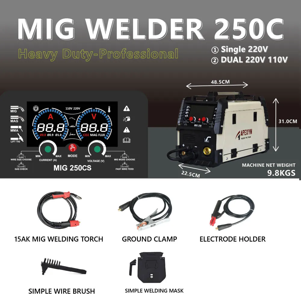 Soldadora MIG250C 4 en 1 con/sin gas MAG MMA TIG, soldadora MIG para uso doméstico, bricolaje, construcción, agricultura, MOQ 1 unidad