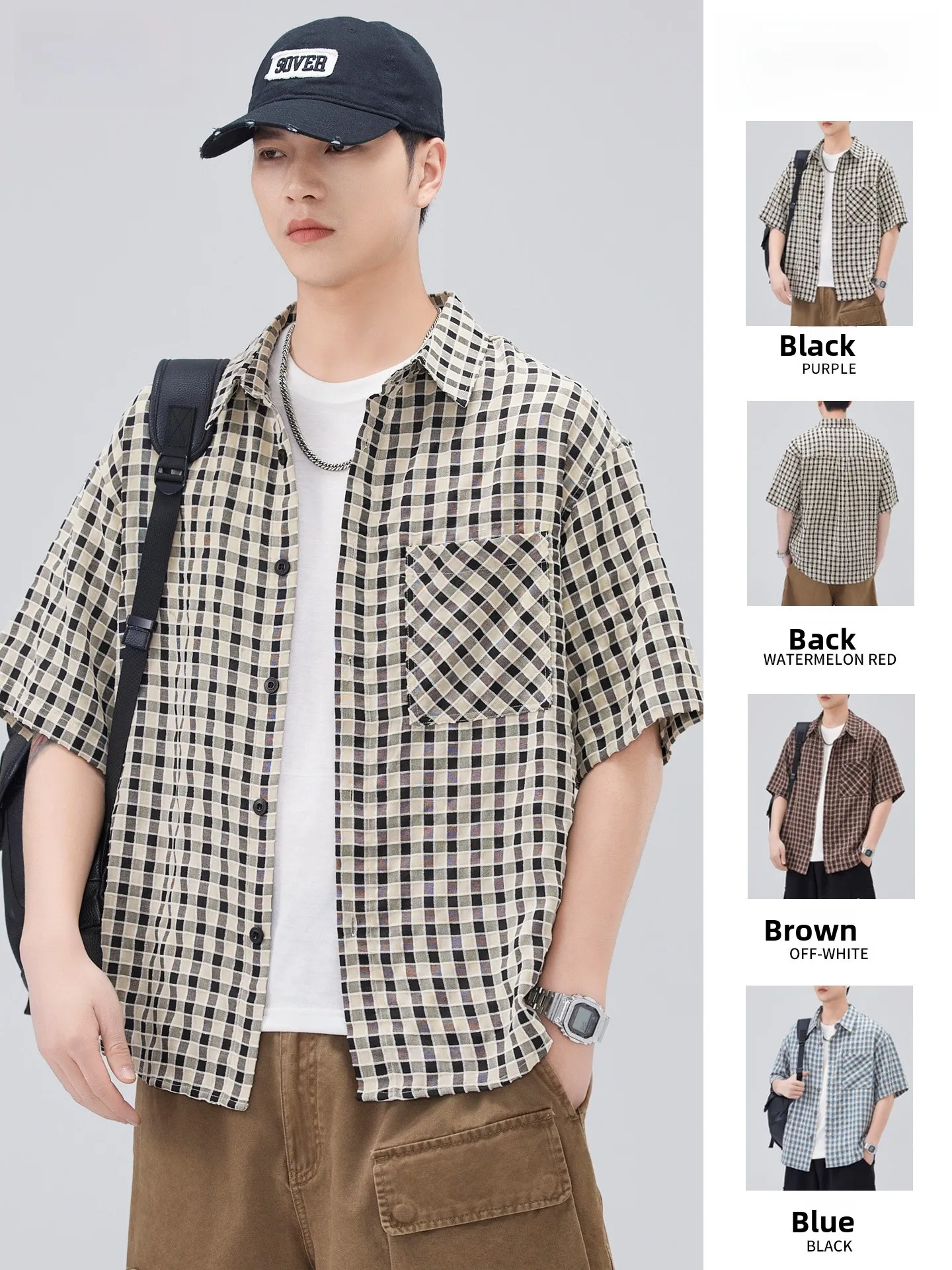 

Мужская рубашка в клетку на весну-осень 2025: свободный крой, дышащая, охлаждающая, в стиле ретро, из смесового полиэстера и хлопка