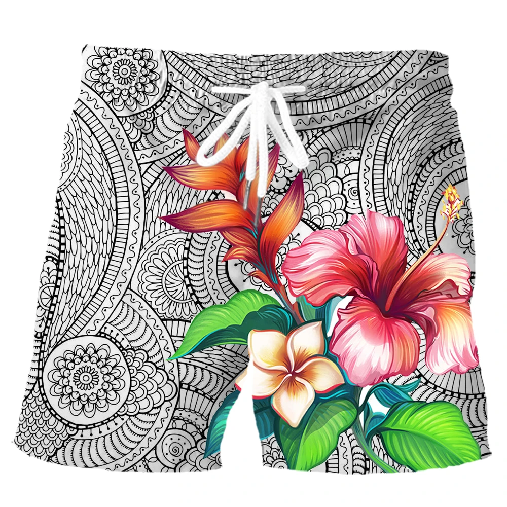 

HX Polynesian Tattoo Sports Pants 3D Graphic Hibiscus Pattern Board Shorts Casual Pockets Shorts Men Clothing