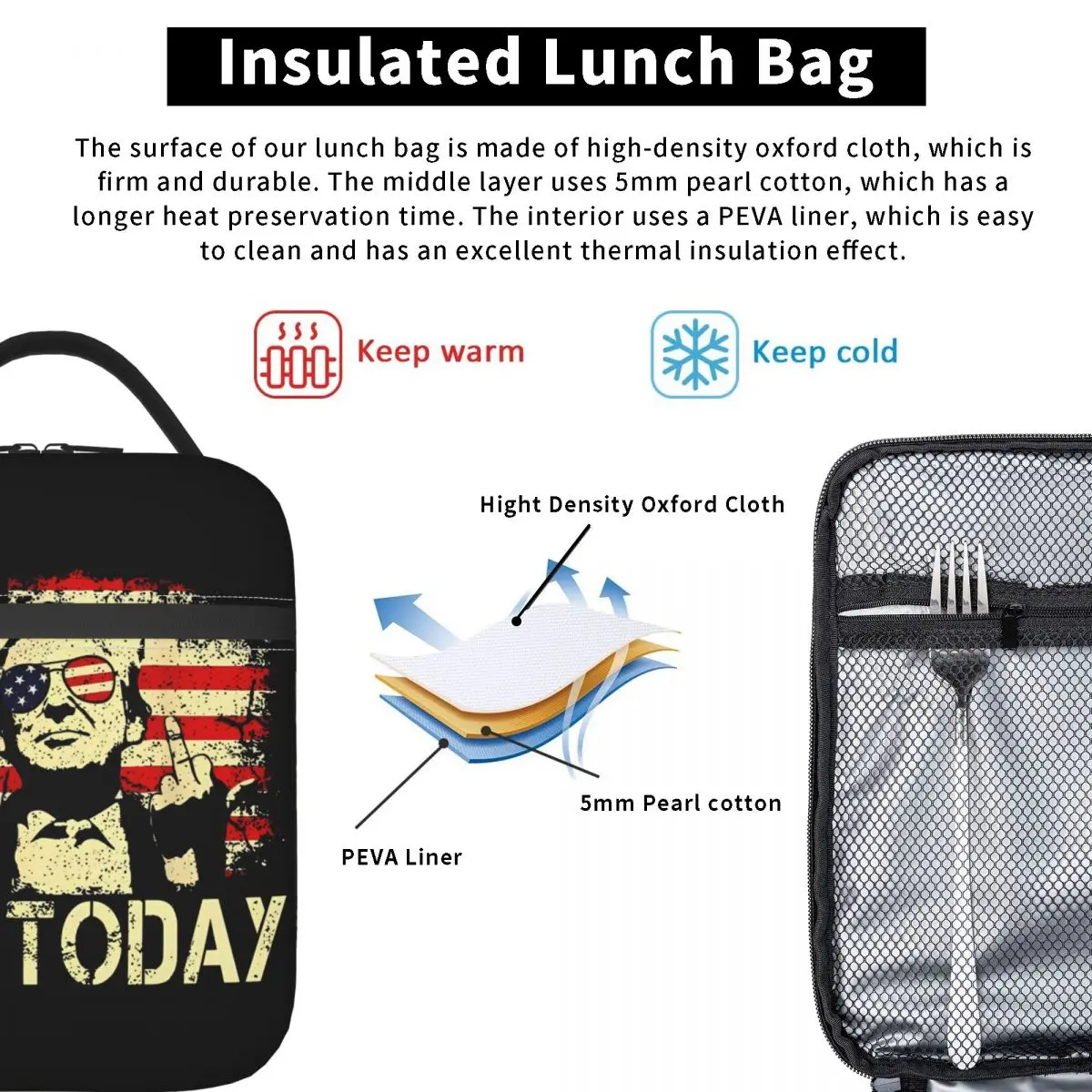 Not Today President Trump Shot Accessories Insulated Lunch Bags Trump for President 2024 Assassination Attempt Food Lunch Box