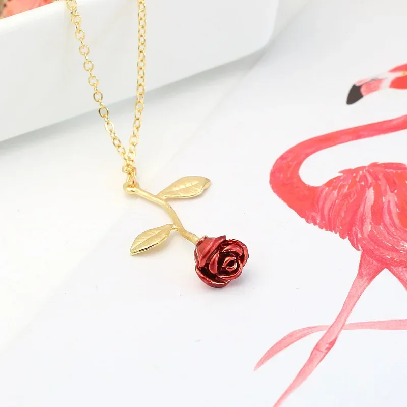 European and American Fashion Personality Temperament Red Rose Pendant Necklace Women\'s Simple and Creative Oil Drop Necklace