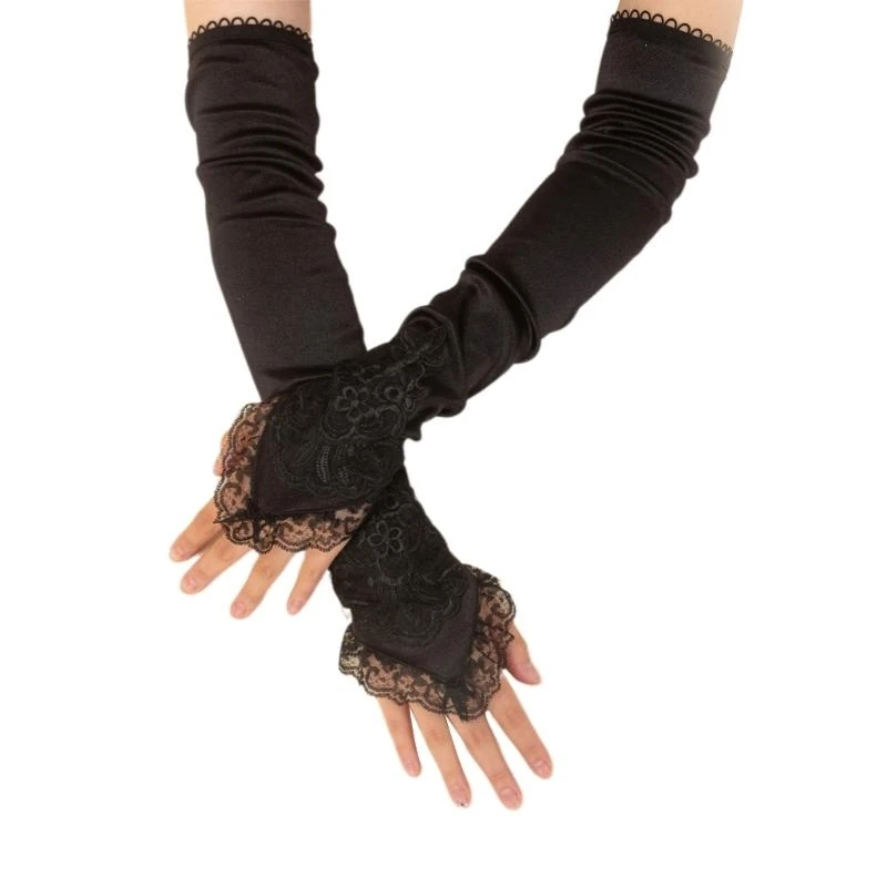 652F Women Long Gloves Half Finger Mesh Mittens Fancy Make Up Halloween Gloves for Halloween Make Up