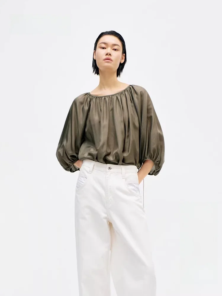 

Edition Silk Lantern Sleeve Shirt Women's Summer New Style Retro Small Audience Pure Color round Neck Seven Sleeve Long Shirt