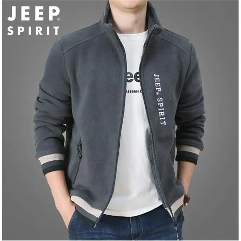 JEEP SPIRIT men casual outdoor simple fleece jacket autumn/winter fashion plus velvet warm stand collar embroidered jacket new