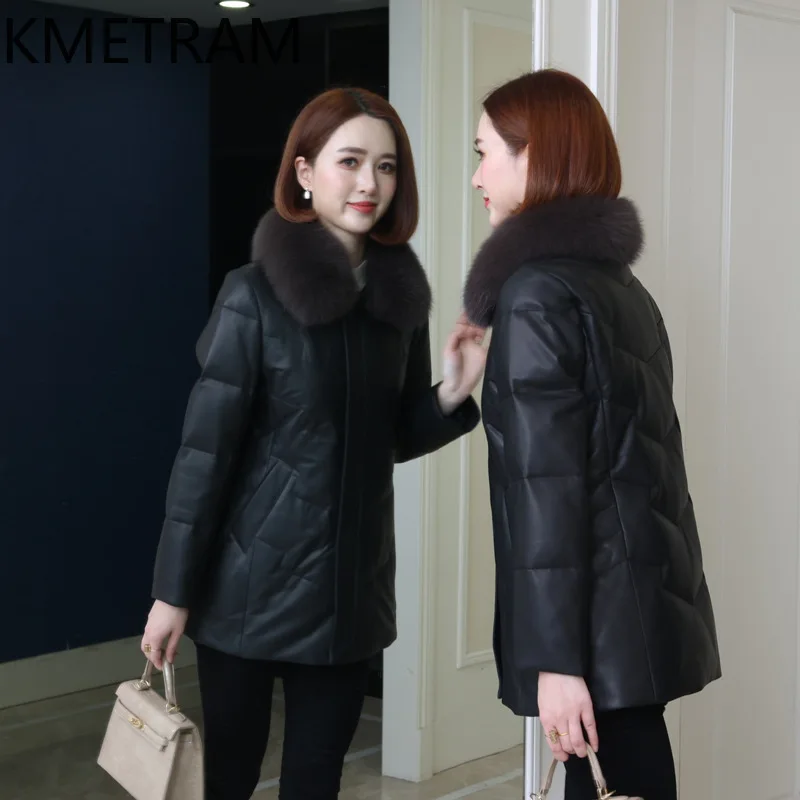 White Goose Down Puffer Jacket Women 100% Sheepskin Black Down Coats Fox Fur Collar 2025 Winter Woman Clothing Пуховик Женский