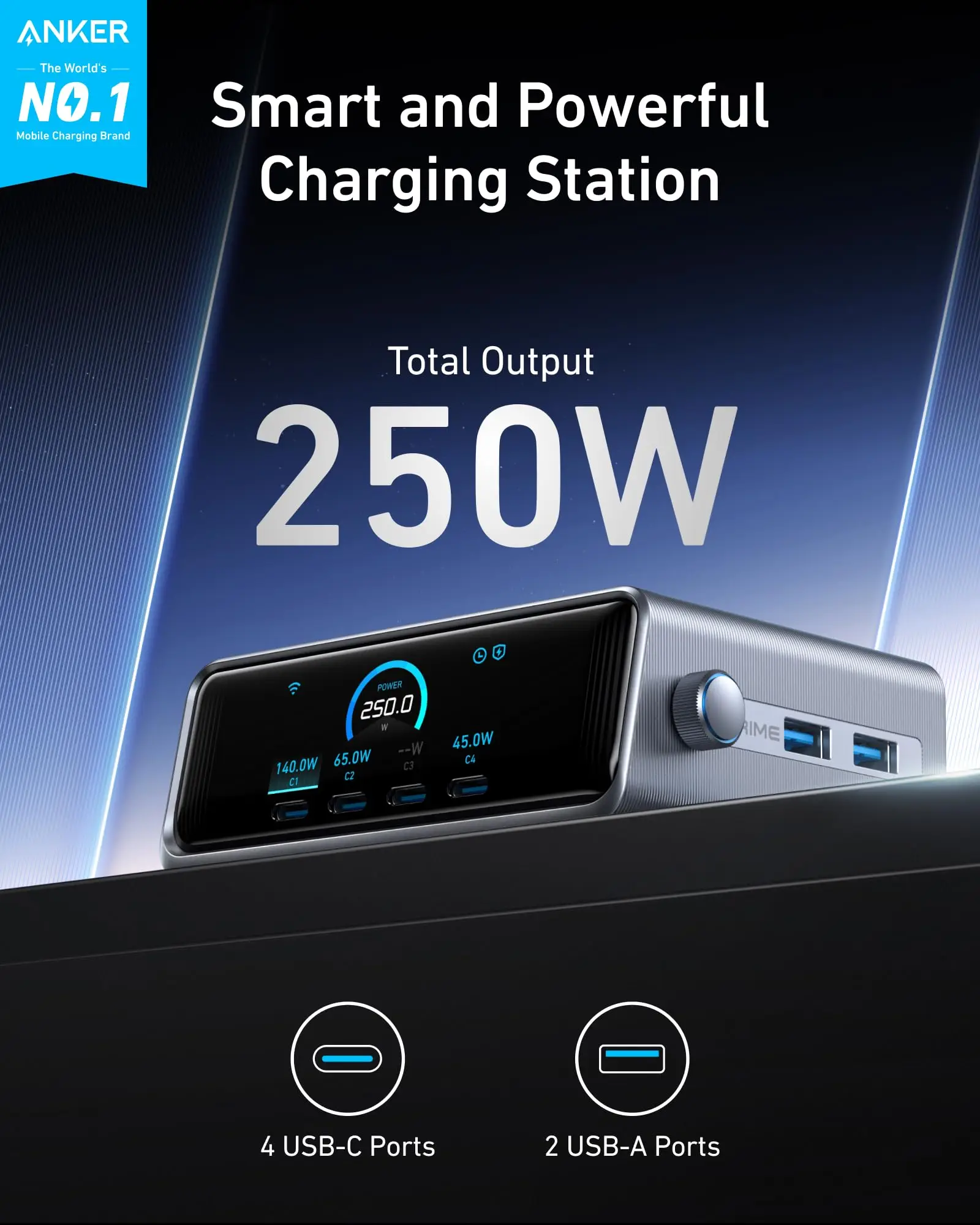 Anker Prime 250W USB-C Charger, Ultra-Fast 6-Port GaN Charging Station, 2.26\