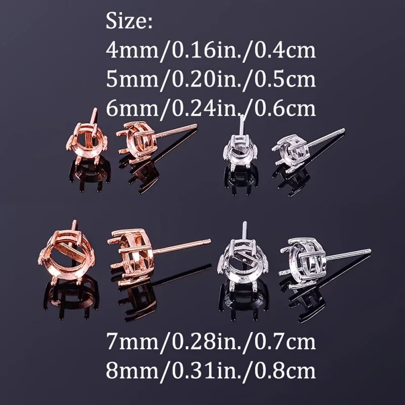 1Pair 4-8MM Round 6 Prong Rose Golden And Silvery Solid 925 Sterling Silver Studs Earrings Settings DIY Jewelry Supplies