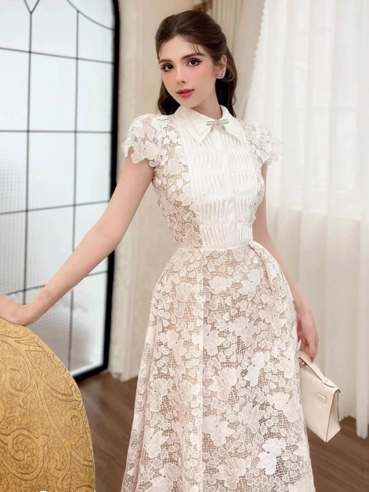 

Летняя юбка А-силуэта с вышивкой и кружевом, с завязками на талии, утягивающая, с высокой талией, Ele ort Sve