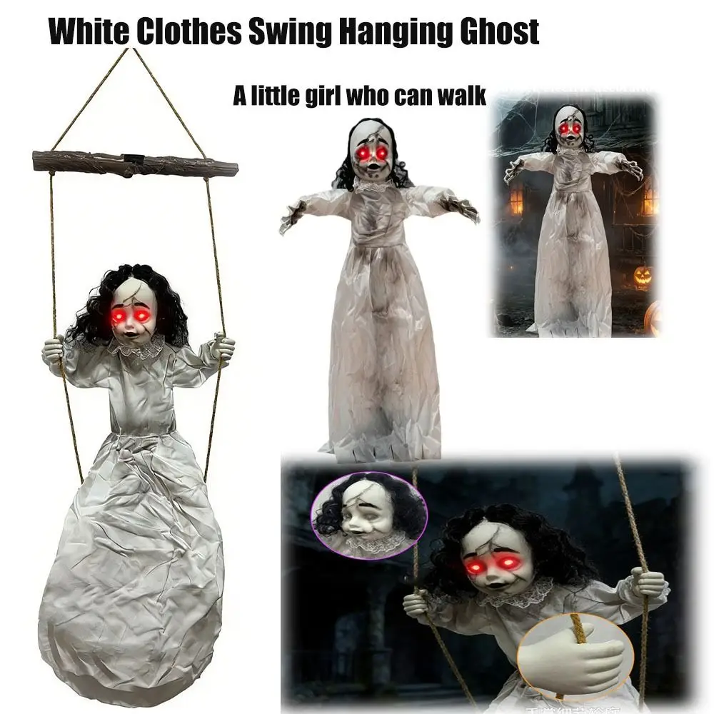 Glowing Eyes Walking Girl Sound Activated White Clothes Swing Hanging Ghost Halloween Decoration Electric Voice-Activated