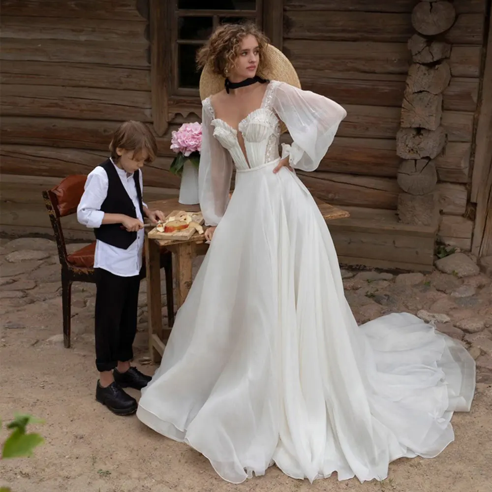 

13603# Puffy Sleeves A-Line Open Back Sweetheart Pleated Organza Boho Simple Lace Applique Ruched Wedding Dress Bridal Gown