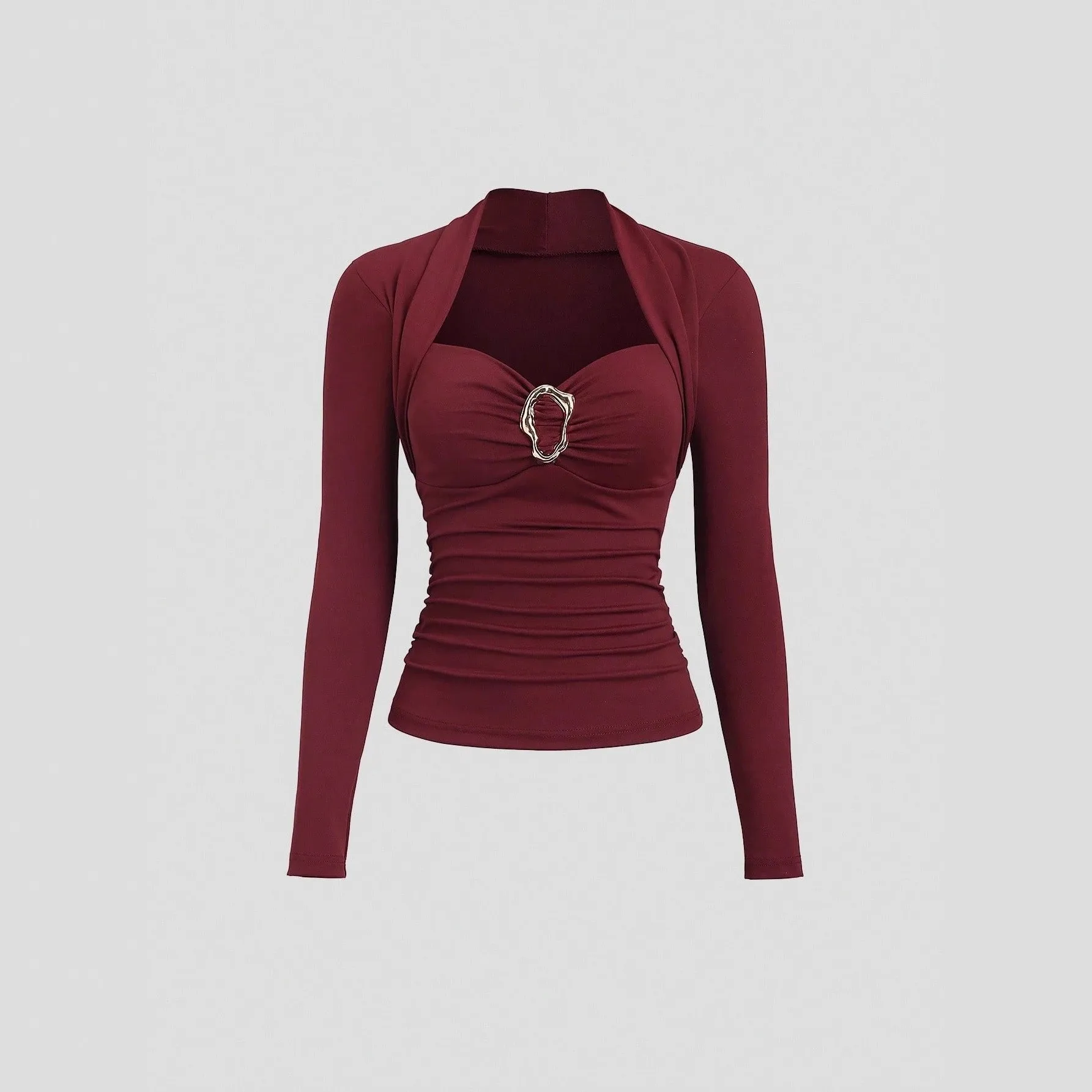 Women Elegant Slim Fit Sweetheart Neck Ruffle Blouse Solid Color Pullover with Metal Detail – Bodysuits Woman Body Femmes