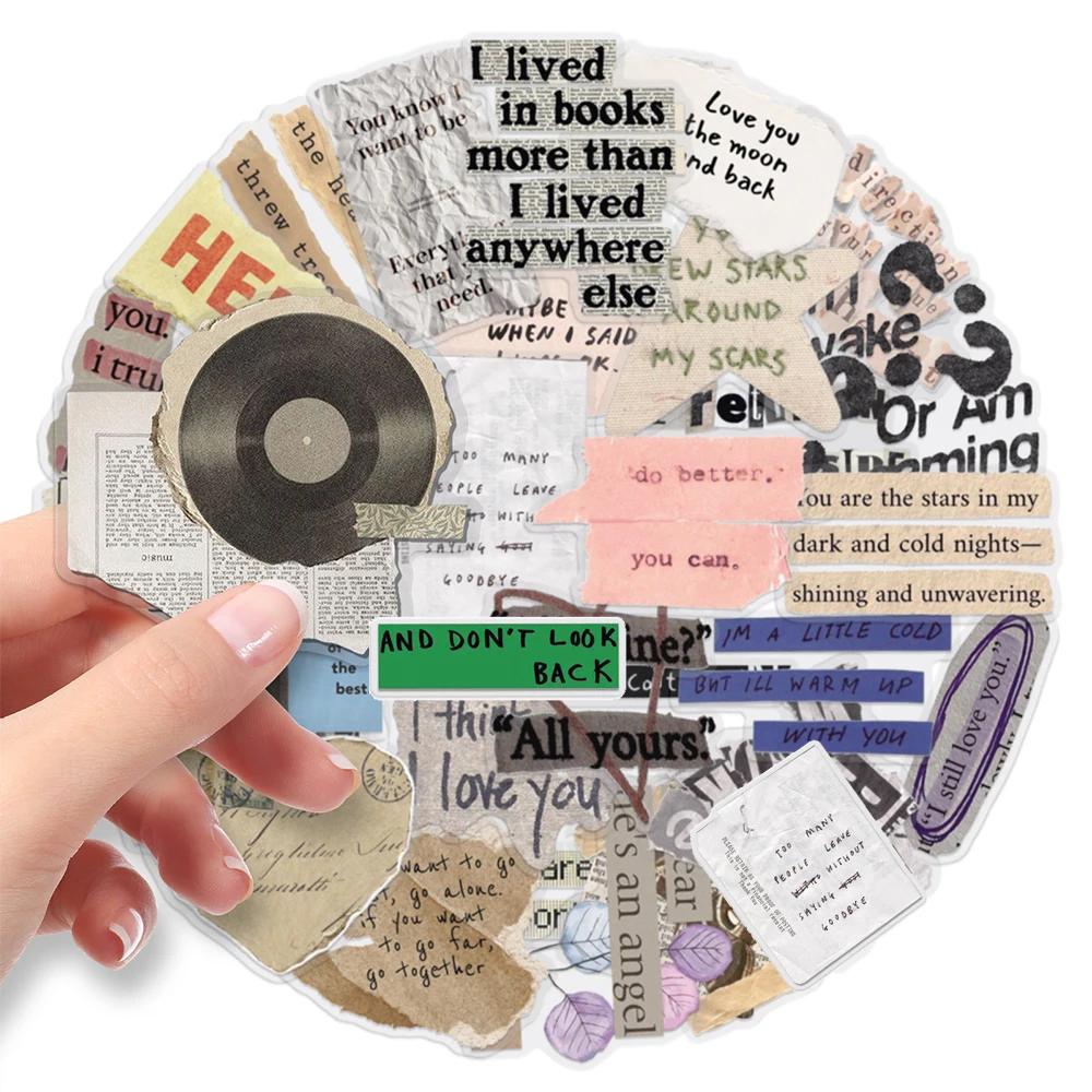 10/30/50 Uds. Pegatinas Retro hechas a mano con texto fragmentado transparente, calcomanías de grafiti creativas, álbum de recortes DIY, paquete de pegatinas para teléfono y guitarra
