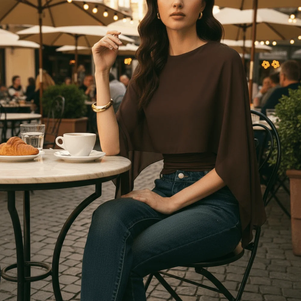 Round Neck Cape Sleeve Top Slim Fit Ruched Waist Irregular T-Shirt Open Front Sheer Fabric False Two-Piece Tops Casual Daily