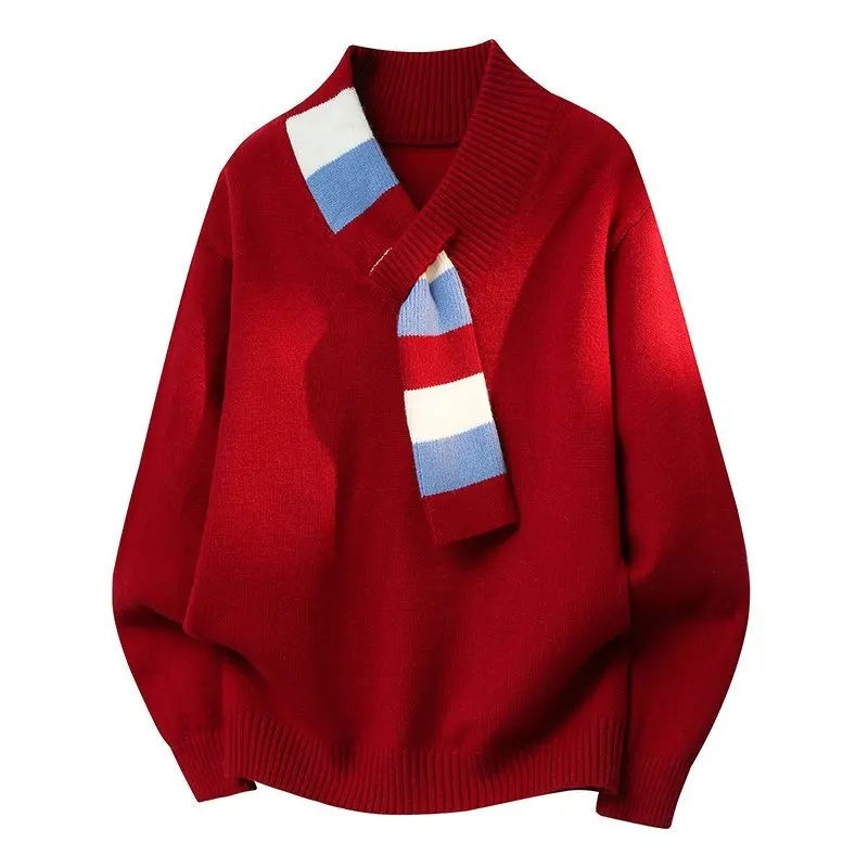 

Vintage Scarf Collar Sweater for Unisex Autumn Winter Loose Knit Pullover College Style Striped Knitwear Top