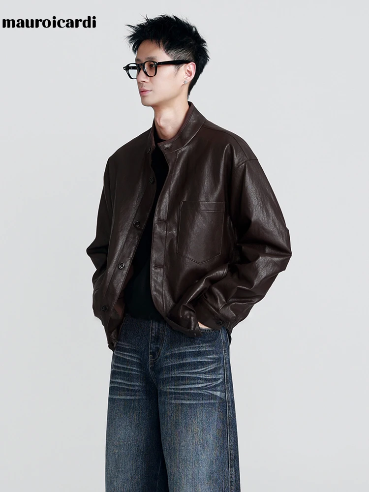 Mauroicardi Spring Autumn Brown Short Black Pu Leather Jacket Men Buttons Zipper Loose Casual Korean Fashion Menswear Clothes 5 Mauroicardi Spring Autumn Brown Short Black Pu Leather Jacket Men Buttons Zipper Loose Casual Korean Fashion Menswear Clothes 5