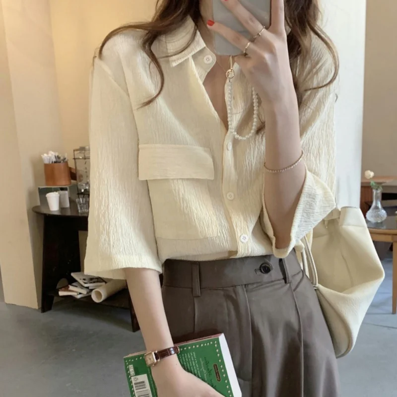 Vintage Chiffon Seven-minute Sleeve Shirt Female Summer Pleated Blouse Early Fall Lazy Wind Loose Shirts