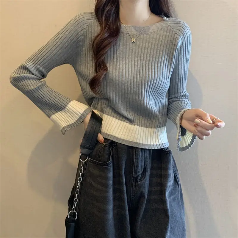 

Korean Fashion Pullovers O Neck Long Sleeve Contrast Color Female Slim Crop Tops 2025 Autumn All Match Sweaters Women's Clothing