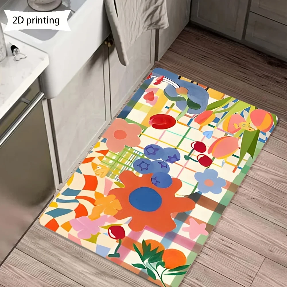 1pc, 2D, Colorful Floral Checkered Flannel Soft Cozy, Machine Washable. Ideal for Living Rooms, Bedrooms, Kitchens, And Bathrooms, Creating Exquisite Home Decor