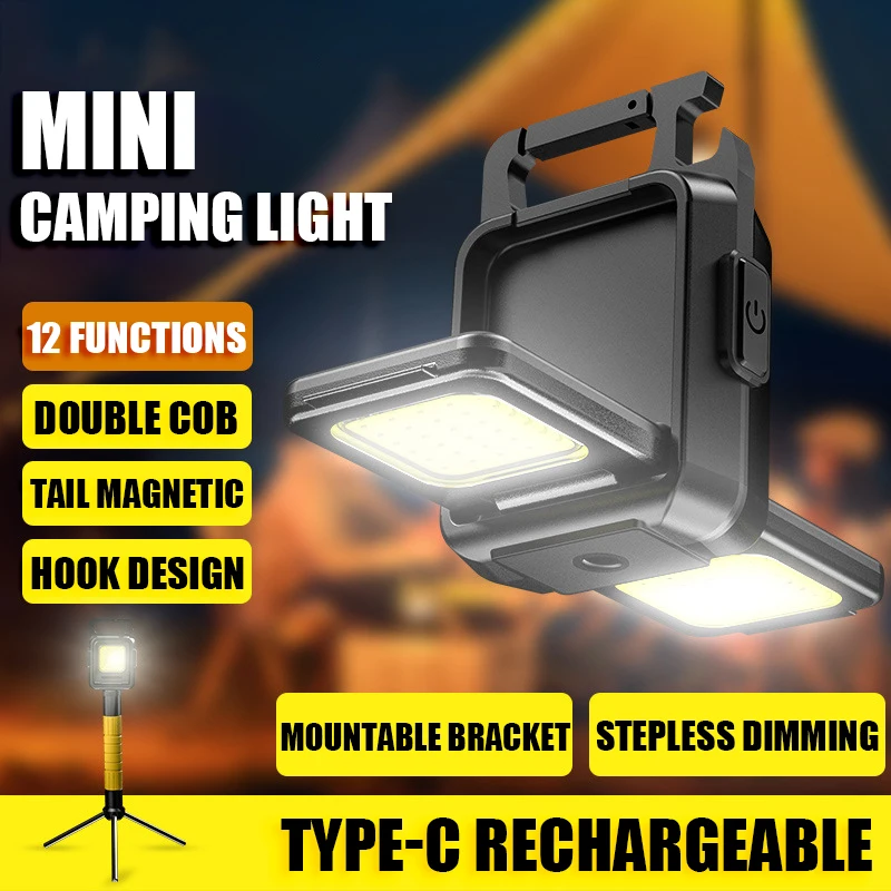 COB Pocket Work Light 1000LM LED Mini Keychain Light Type-C Rechargeable Flashlight IPX4 Waterproof for Outdoor Camping Hiking