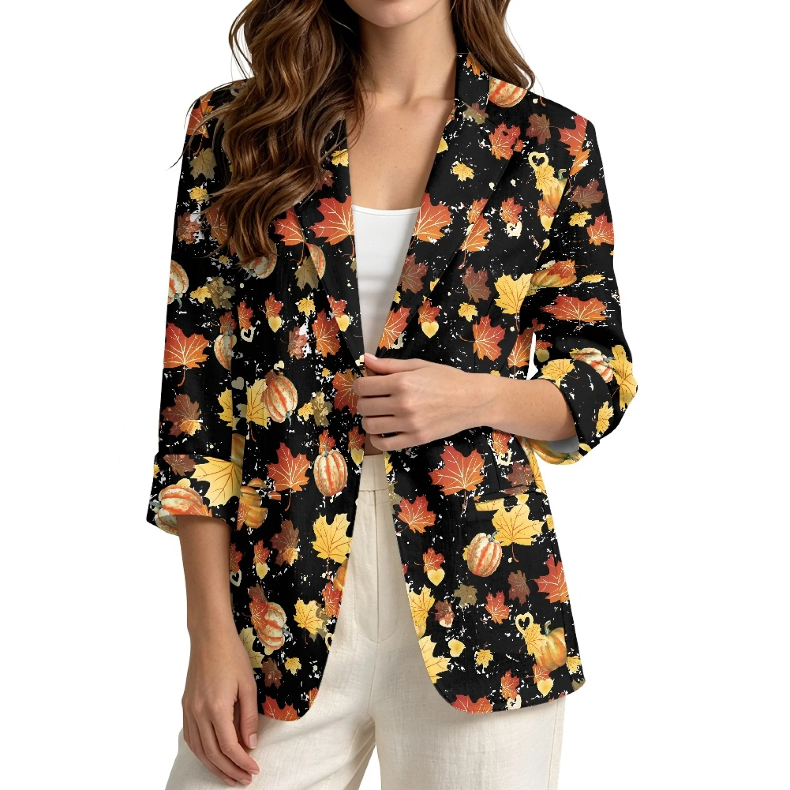 PENSTROLL Maple Leaf Pumpkin Open Front Fall Outwear Tops for Women Linen Like Beach Jackets Fall Jackets