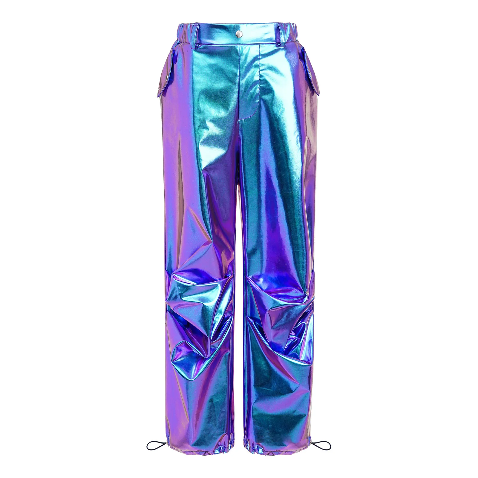 

Kids Girls Fashion Ruched Metallic Cargo Pants Drawstring Leg Opening Trousers with Pockets for Jazz Dance Hip-Hop Performance