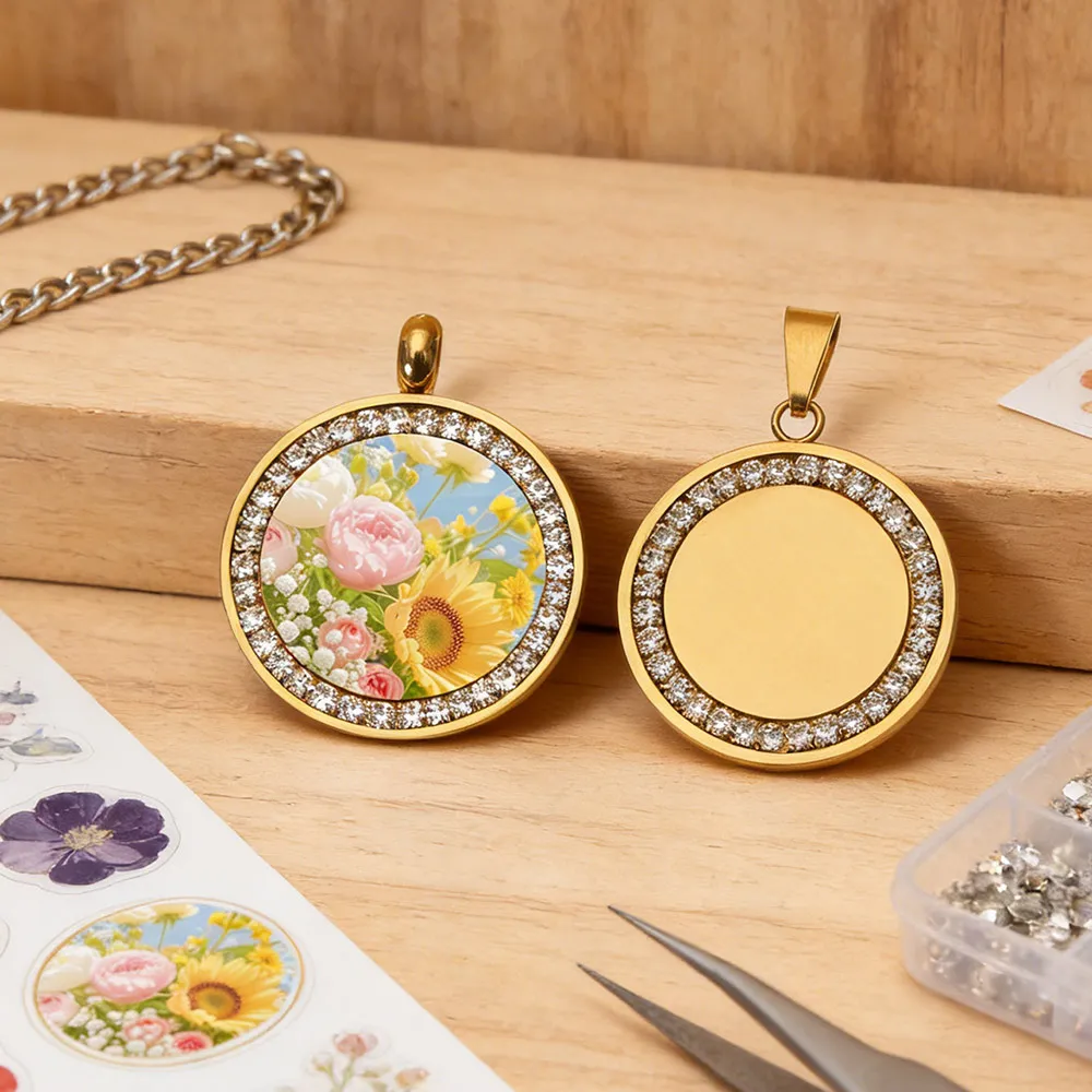 Stainless Steel 21/30mm Circle Mirror Surface Charms with Rhinestone Necklace Hip Hop DIY Jewelry Gift for Men Women Accessories - Detail 1