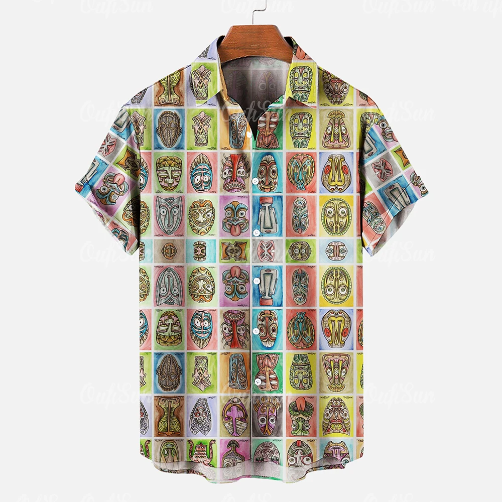 Hawaiian Shirt For Men Summer Short Sleeve Buttons Tops Maya Mask Pattern Print Casual Retro Men\'s Shirts Oversized Clothing