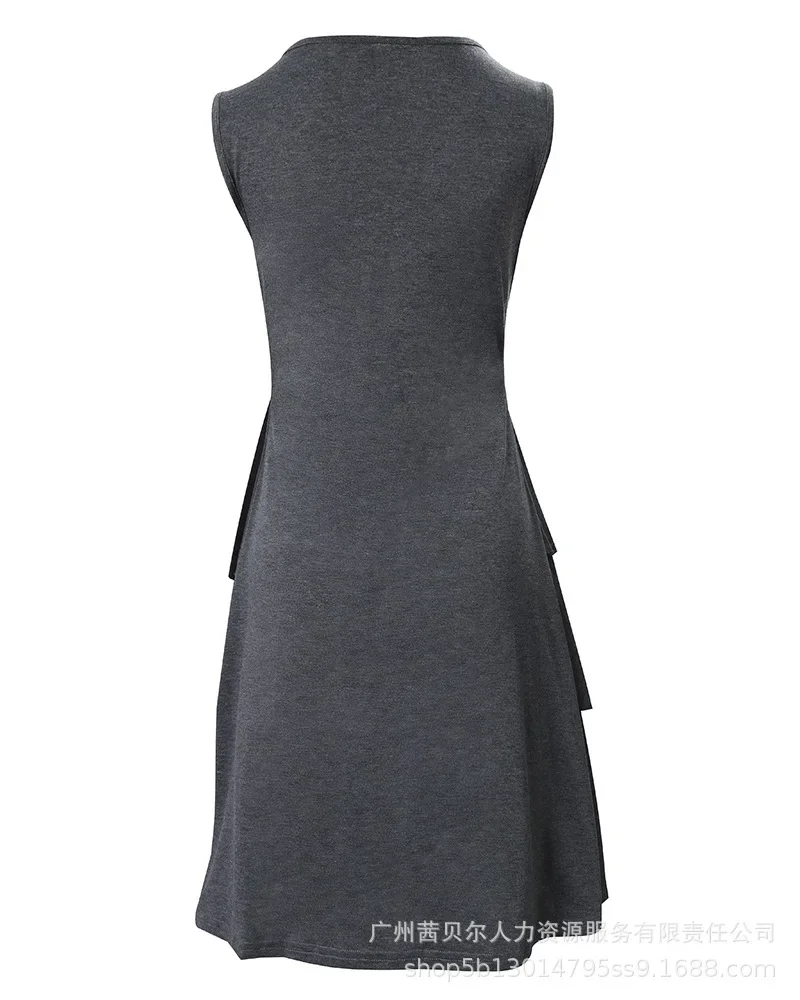 Vestido feminino em camadas sem mangas com decoração de anel de coração, cor sólida, cintura alta, mini vestido sexy com babados