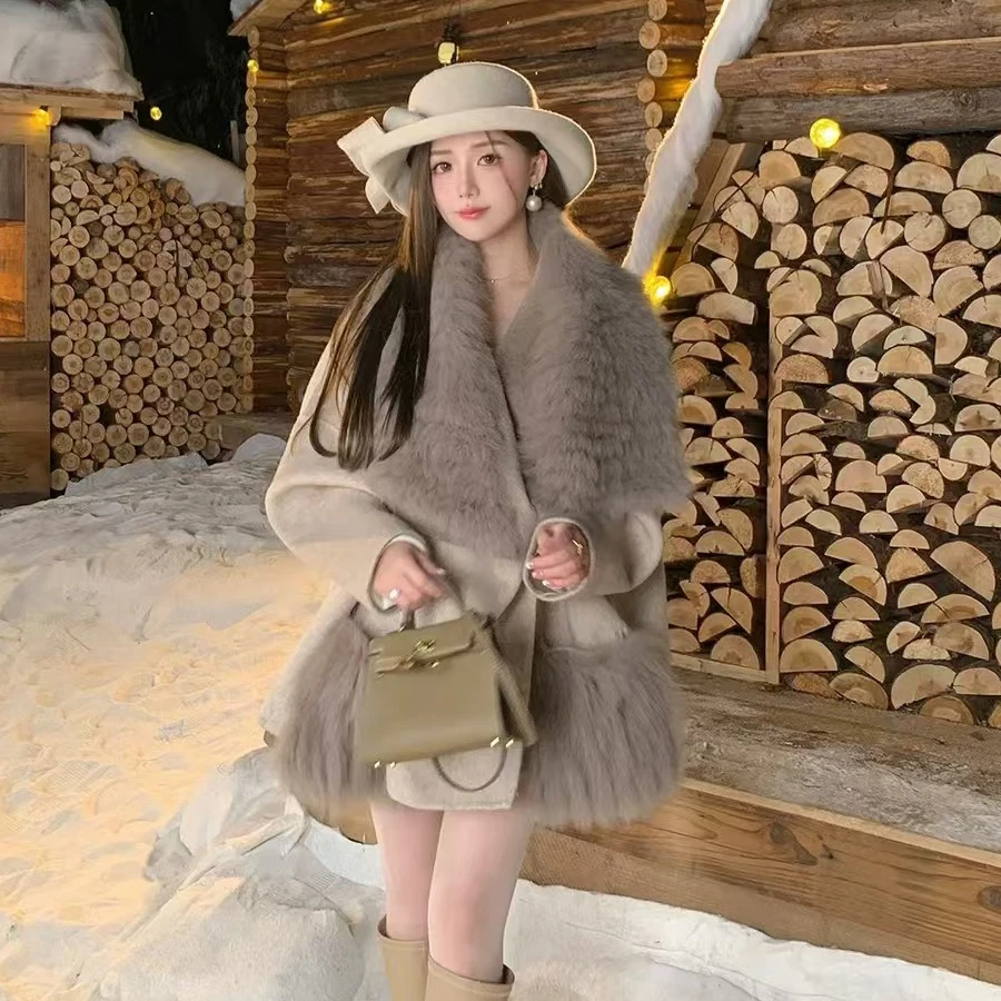 Women's Woolen Coat With Fox Fur Large Collar New Wool Coat Natural Fox Fur Coat Luxury Fashion Real Fur Coat